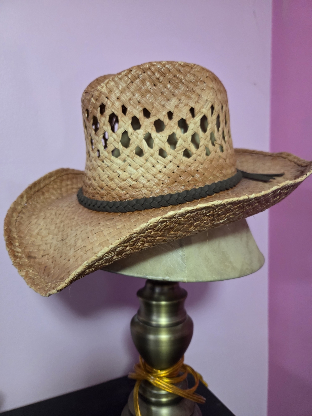 Braided Trim Straw Cowboy Hat in Natural Brown